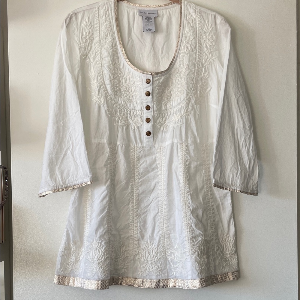 Soft Surroundings|Bohemian Embroidered Cotton Tunic|White/gold|Small| EUC